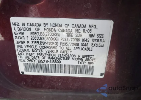 2007 Honda Pilot Ex-L z USA, uszkodzony, nr VIN 2HKYF185X7H518699